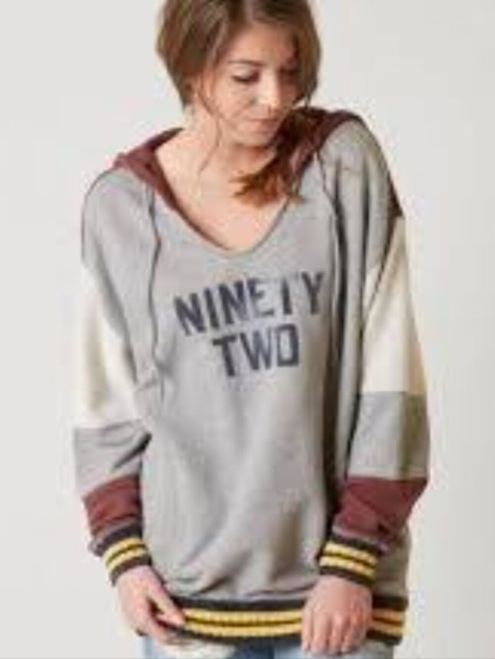 Free People Heather Gray Pullover Hoodie with Maroon Hood & Sleeve Panels